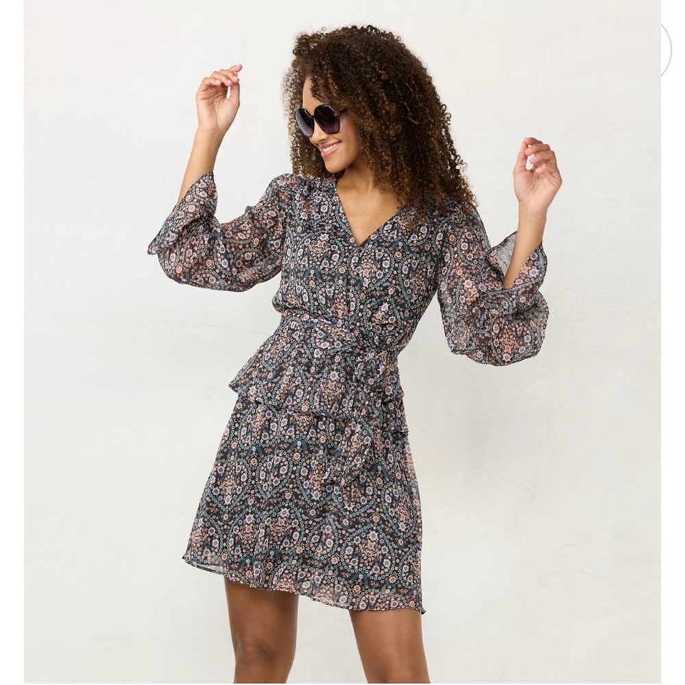 LC Lauren Conrad Black Paisley Mini Dress with Pink and Blue Accents